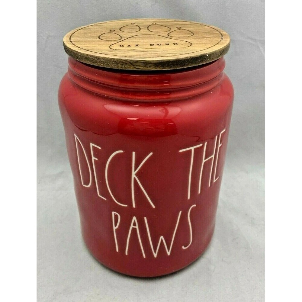 NEW RAE DUNN Christmas Dog Ceramic Canister Jar “DECK THE PAWS” 8.25"